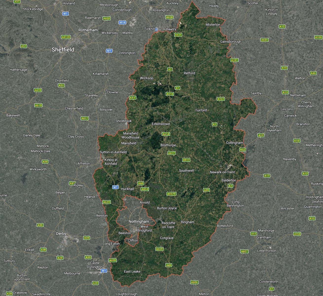 Nottinghamshire county map overview